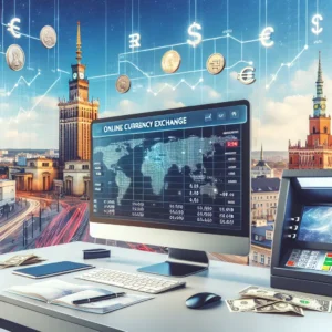 Nowoczesny kantor online na monitorze: kursy walut, monety i wykresy, tło Poznania
