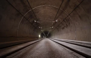 Tunel kolejowy z torami i oświetleniem, widok w głąb korytarza betonowego